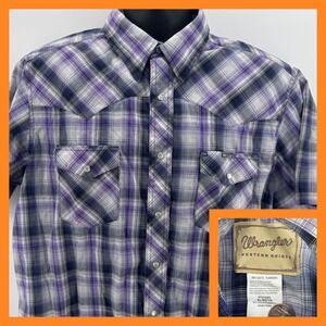 Wrangler Western Shirt Mens‎ XL Purple Gray Plaid Short Sleeve Cowboy Rodeo